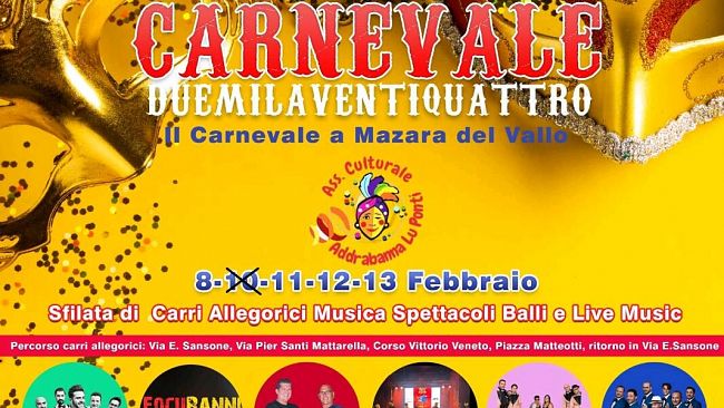 Mazara, Carnevale 2024, confermati gli eventi di oggi 11 febbraio