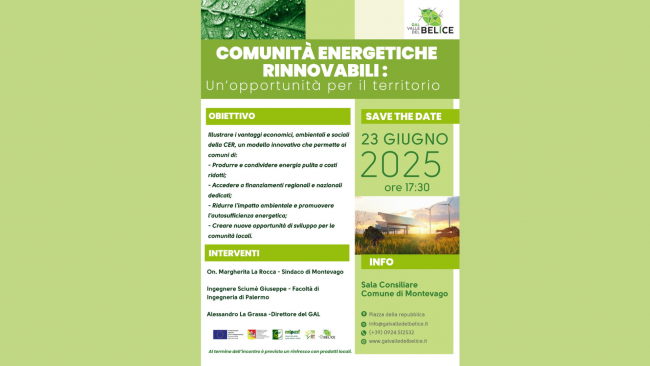 Montevago, il 23 giugno l'incontro ​“Comunità energetiche rinnovabili: un'opportunità per il territorio”