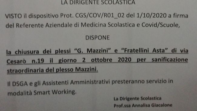 Coronavirus, positiva studentessa dell’istituto “Mazzini”. Scuola chiusa per sanificazione