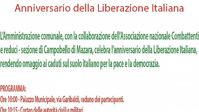 L’Amministrazione comunale di Campobello celebrerà il 74esimo anniversario della Liberazione